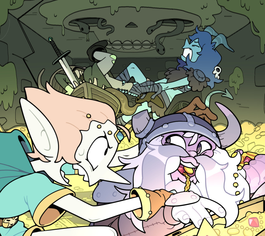 alternate_costume alternate_species amethyst_(steven_universe) colored_skin crossover discount-supervillain dungeons_&amp;_dragons elf highres horns lapis_lazuli_(steven_universe) pearl_(steven_universe) peridot_(steven_universe) pointy_ears purple_skin snake steven_universe sword weapon white_skin