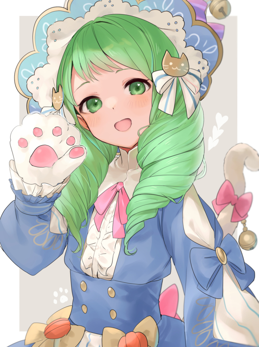 1girl animal_hands blue_dress blush buttons cat_paws cat_tail commentary dress fake_tail fire_emblem fire_emblem:_three_houses fire_emblem_heroes flayn_(fire_emblem) flayn_(halloween)_(fire_emblem) gloves green_eyes green_hair halloween_costume haru_(nakajou-28) highres long_hair long_sleeves looking_at_viewer neck_ribbon nintendo official_alternate_costume open_mouth paw_gloves pink_ribbon ribbon smile solo symbol-only_commentary tail