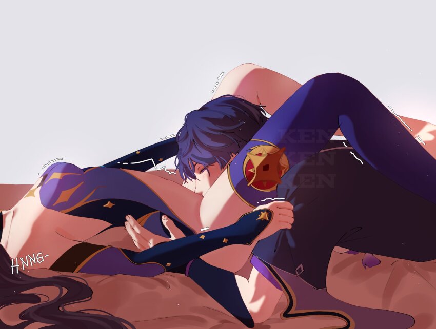 1boy 1girl arched_back arms_at_sides black_hair black_kimono black_sleeves black_trim blue_thighhighs closed_eyes clothes_grab collarbone detached_sleeves from_side furisode genshin_impact gold_trim hair_spread_out head_between_thighs head_out_of_frame highres implied_cunnilingus japanese_clothes kimono layered_sleeves leotard lying midriff moaning mona_(genshin_impact) moriko_ken11 on_back on_person on_stomach purple_leotard purple_sleeves scaramouche_(genshin_impact) short_sleeves single_thighhigh sleeve_grab strapless strapless_leotard tassel thighhighs trembling watermark white_background