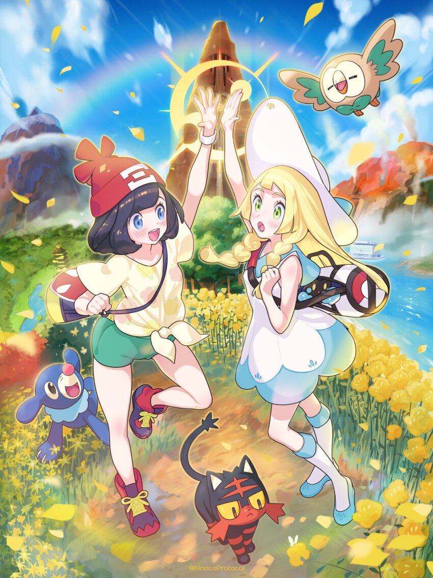 blonde_hair gen_7_pokemon green_eyes highres kinocopro lillie_(pokemon) litten multiple_girls nintendo pokemon pokemon_sm popplio rowlet selene_(pokemon)