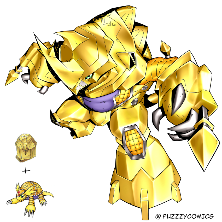 armadimon armor digimental digimental_of_miracles digimon digimon_(creature) fuzzzycomics gold_armor green_eyes highres looking_at_viewer oridigi original rhinomon twitter_username