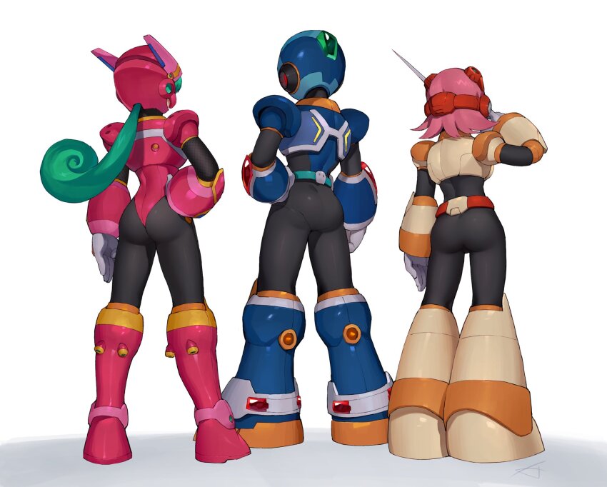 1boy 2girls armor ass ass_focus black_bodysuit blue_armor blue_helmet bodysuit from_behind green_hair hand_on_own_hip headset helmet highres karen_(karenoni1031) leotard long_hair marino_(mega_man) medium_hair mega_man_(series) mega_man_x:_command_mission mega_man_x_(series) multiple_girls nana_(mega_man_x:_command_mission) new_armor_x_(mega_man) ninja pink_armor pink_hair pink_helmet pink_leotard ponytail shoulder_armor x_(mega_man) yellow_armor