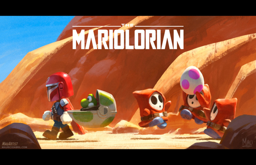 1boy 4others armor baby_carrier belt blue_sky cape din_djarin egg grogu gunbelt letterboxed logo_parody mario mario_(series) mask mauricio_abril multiple_others nintendo parody rock sand shy_guy sky star_wars the_mandalorian walking yoshi yoshi_egg