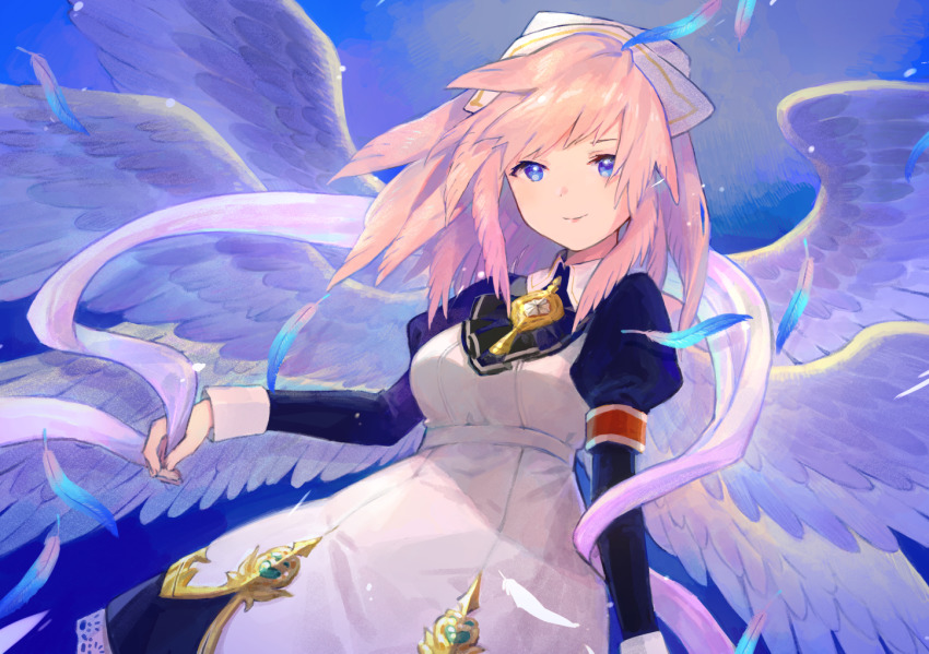 1girl angel angel_wings black_dress black_neckwear blue_eyes blue_feathers breasts closed_mouth collared_dress commentary_request dress feathered_wings feathers female_focus gabriel_(granblue_fantasy) granblue_fantasy hagoromo holding juliet_sleeves karamomo long_hair long_sleeves medium_breasts multiple_wings pink_hair puffy_sleeves shawl smile solo white_wings wings