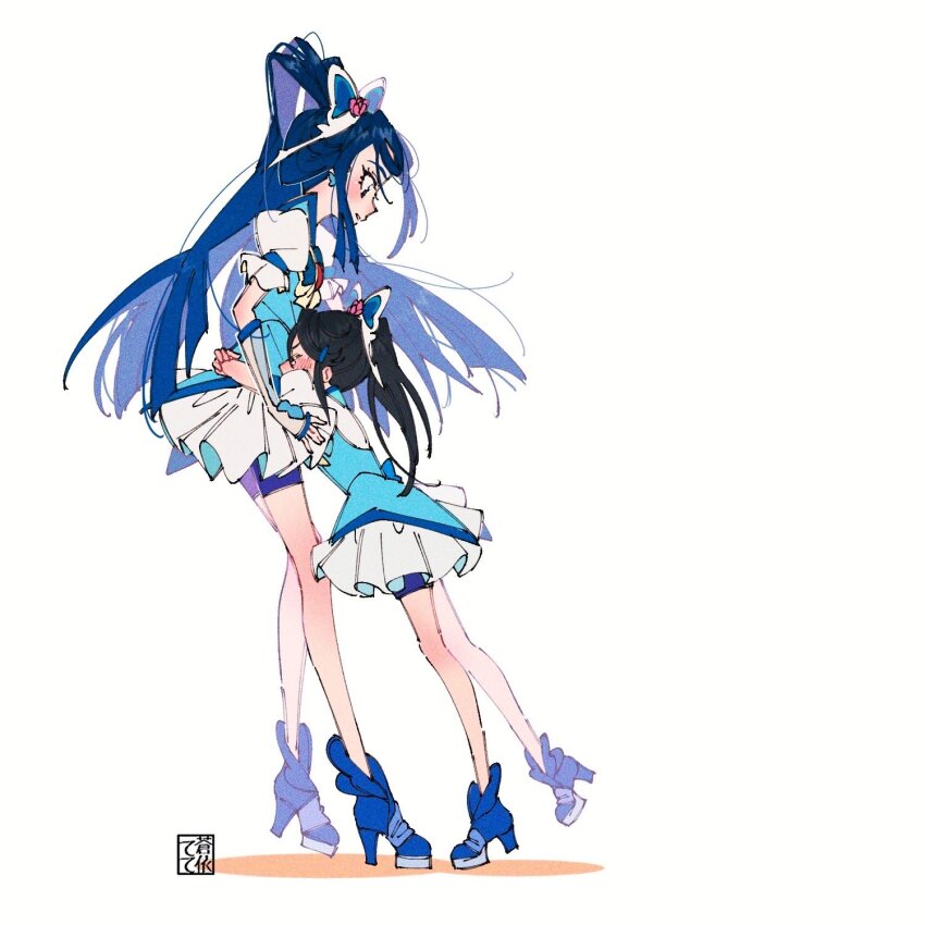 2girls aoi_tete artist_logo bike_shorts bike_shorts_under_skirt black_hair blue_eyes blue_footwear blue_hair blue_shorts blue_vest blush boots butterfly_hair_ornament commentary_request cosplay cure_aqua cure_aqua_(cosplay) earrings hair_ornament high_heel_boots high_heels high_ponytail highres jewelry logo long_hair looking_at_another magical_girl minazuki_karen multiple_girls ponytail precure puffy_short_sleeves puffy_sleeves short_sleeves shorts shorts_under_skirt skirt standing vest yes!_precure_5 yes!_precure_5_gogo!