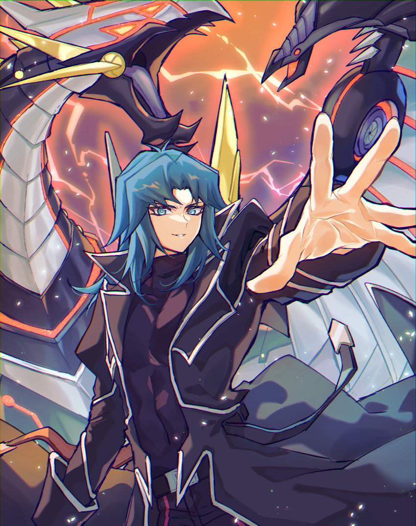 1boy absurdres black_coat black_pants black_shirt blue_eyes blue_hair coat cyber_dragon_infinity dragon duel_monster electricity highres long_hair looking_at_viewer male_focus marufuji_ryo non-humanoid_robot outstretched_arms pants pentacle_dark robot robot_dragon shirt solo_focus yu-gi-oh! yu-gi-oh!_gx