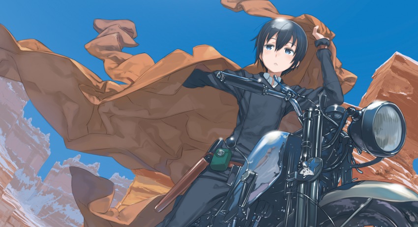 1girl androgynous black_hair brough_superior coat day desert female_focus hair_between_eyes hermes_(kino_no_tabi) kino_(kino_no_tabi) kino_no_tabi kuroboshi_kouhaku motor_vehicle motorcycle official_art short_hair solo
