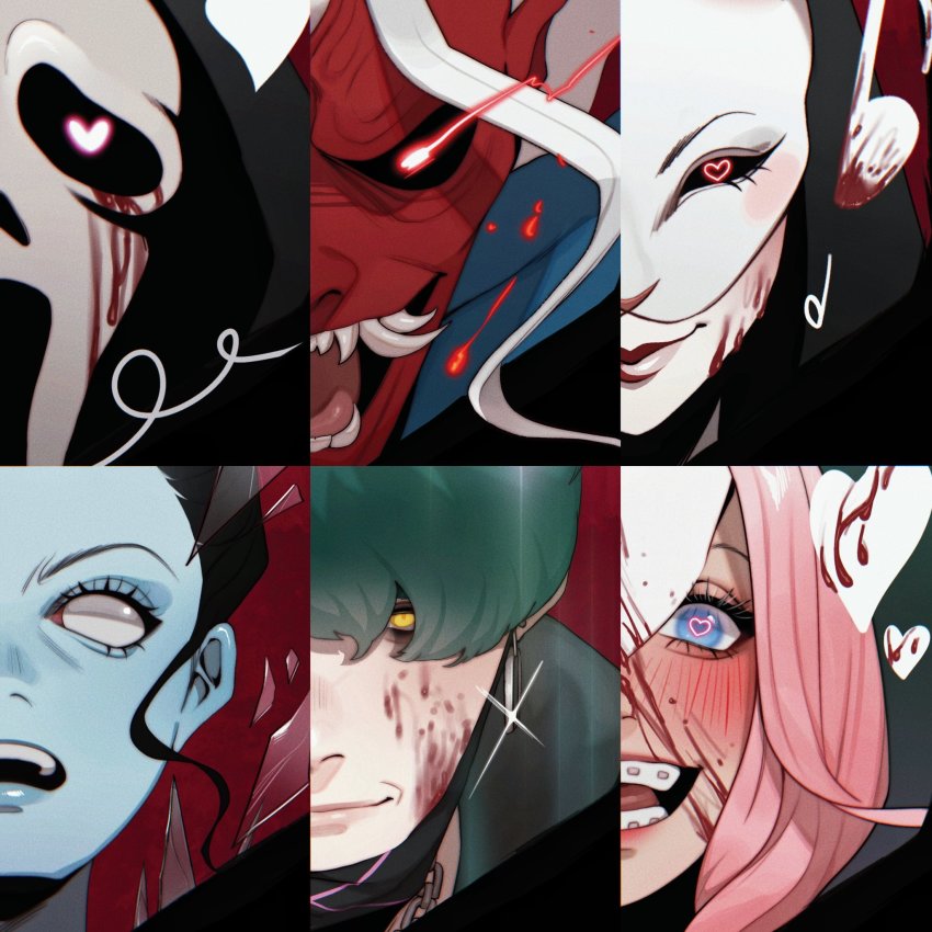 3boys 3girls black_hair black_sclera blood blood_on_face blue_eyes blue_skin braces colored_sclera colored_skin commentary dead_by_daylight earrings english_commentary ghostface glowing glowing_eye green_hair heart heart_in_eye highres jewelry kitty_keihara mask multiple_boys multiple_girls open_mouth pink_hair red_eyes red_skin smile sparkle susie_(dead_by_daylight) symbol_in_eye the_huntress_(dead_by_daylight) the_legion_(dead_by_daylight) the_oni_(dead_by_daylight) the_spirit_(dead_by_daylight) the_trickster_(dead_by_daylight)