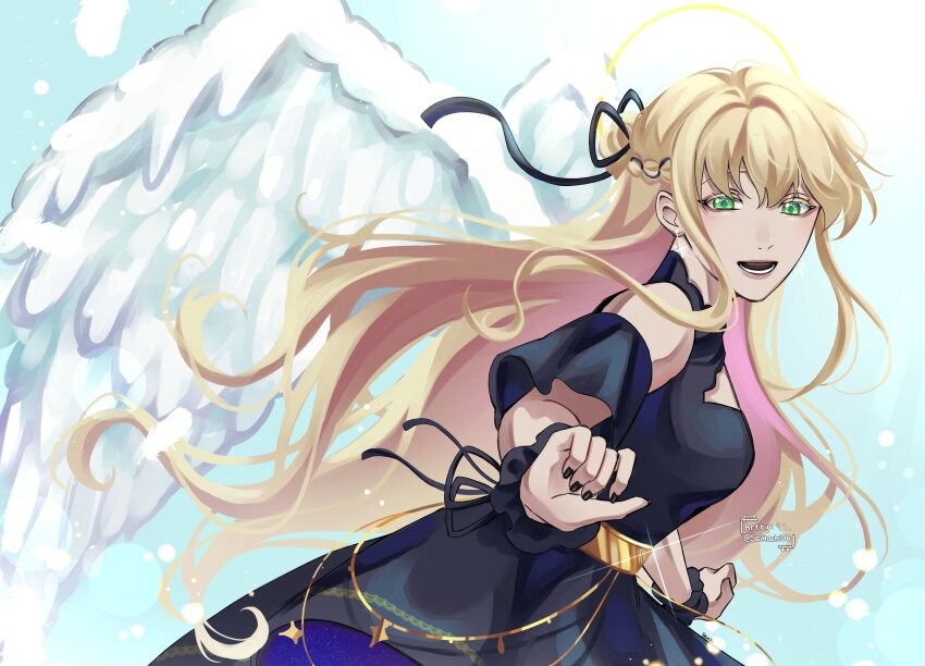 1girl :d above-cleavage_cutout absurdres black_dress blonde_hair blunt_bangs clothing_cutout cowboy_shot dress feathered_wings floating_hair green_eyes hair_ribbon halo halo_behind_head highres lens_flare long_sidelocks looking_at_viewer omniscient_reader&#039;s_viewpoint open_mouth ribbon saihachi06 shoulder_cutout sidelocks smile solo uriel_(omniscient_reader&#039;s_viewpoint) white_wings wind wings wrist_cuffs