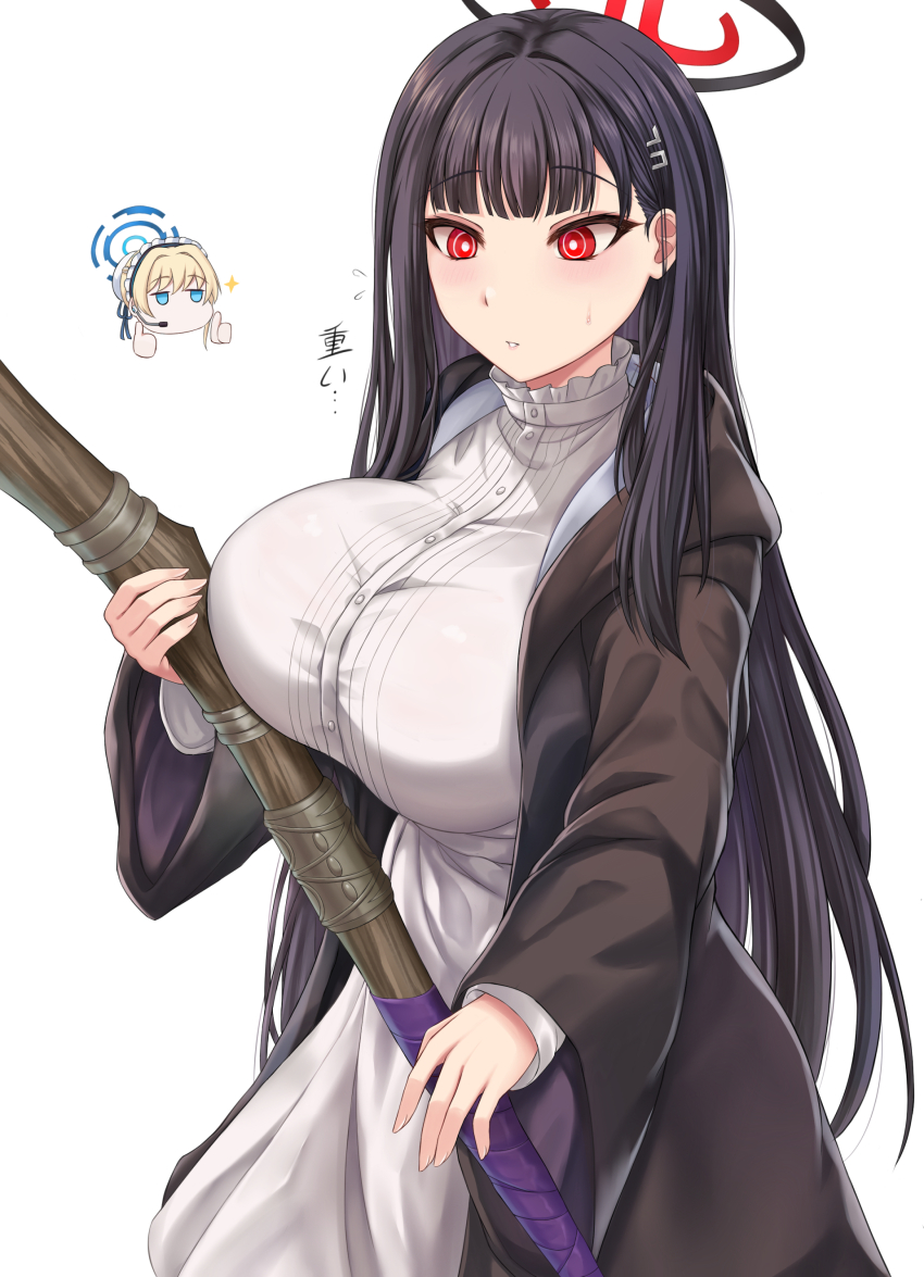 2girls absurdres alternate_costume black_hair black_robe blue_archive breasts bright_pupils chibi chibi_inset commentary_request cosplay cowboy_shot dress fern_(sousou_no_frieren) fern_(sousou_no_frieren)_(cosplay) hair_ornament hairclip halo highres holding holding_staff large_breasts long_hair long_sleeves mage_staff multiple_girls open_clothes open_robe parted_lips red_eyes rio_(blue_archive) robe simple_background solo_focus sousou_no_frieren staff sweatdrop thumbs_up toki_(blue_archive) translation_request very_long_hair white_background white_dress white_pupils zatma0041