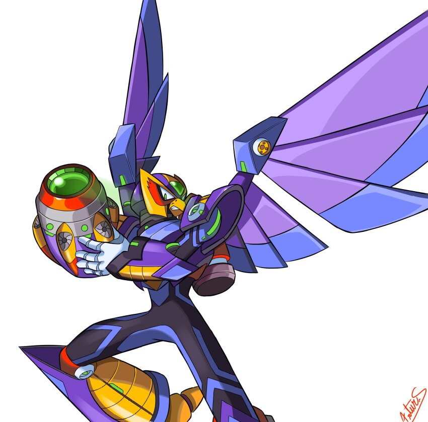 1boy arm_cannon armor artursimoes227 beak bird cowboy_shot eagle highres male_focus mechanical_wings mega_man_(series) mega_man_x_(series) purple_armor purple_wings simple_background solo storm_eagle_(mega_man) weapon white_background wings