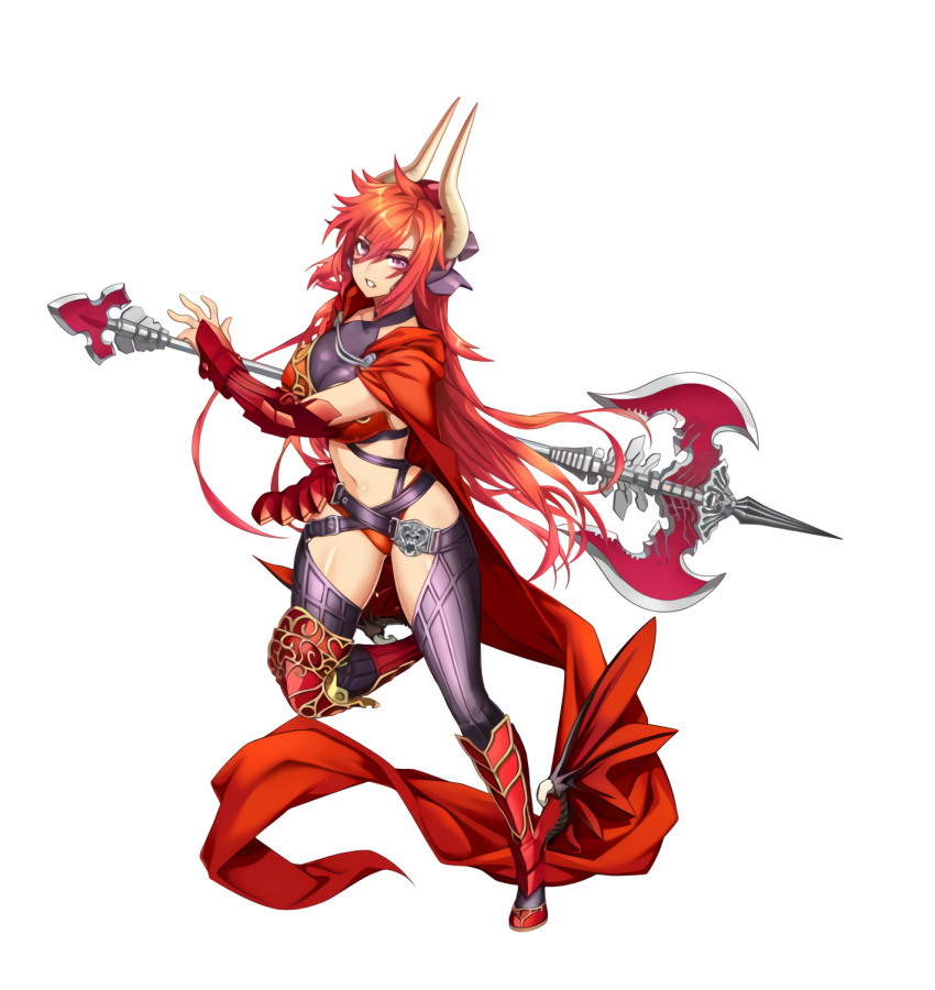 1girl ankle_wings armor belt bikini_armor boots breasts cape covered_erect_nipples demon_girl full_body gloves halberd highres horns huge_weapon knee_boots large_breasts monster_girl navel nishii_(damnedrive) nitroplus official_art pointy_ears polearm purple_eyes red_hair revealing_clothes satan_(sin_nanatsu_no_taizai) satan_(the_seven_deadly_sins) sin_nanatsu_no_taizai solo standing the_seven_deadly_sins thighhighs vambraces weapon wings