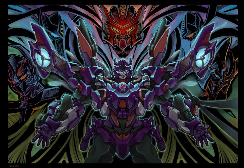 autobot blue_eyes character_request ct990413 cyclonus decepticon galvatron highres looking_down mecha no_humans open_hands optimus_prime optimus_prime_(shattered_glass) orange_eyes red_eyes robot science_fiction transformers transformers_shattered_glass
