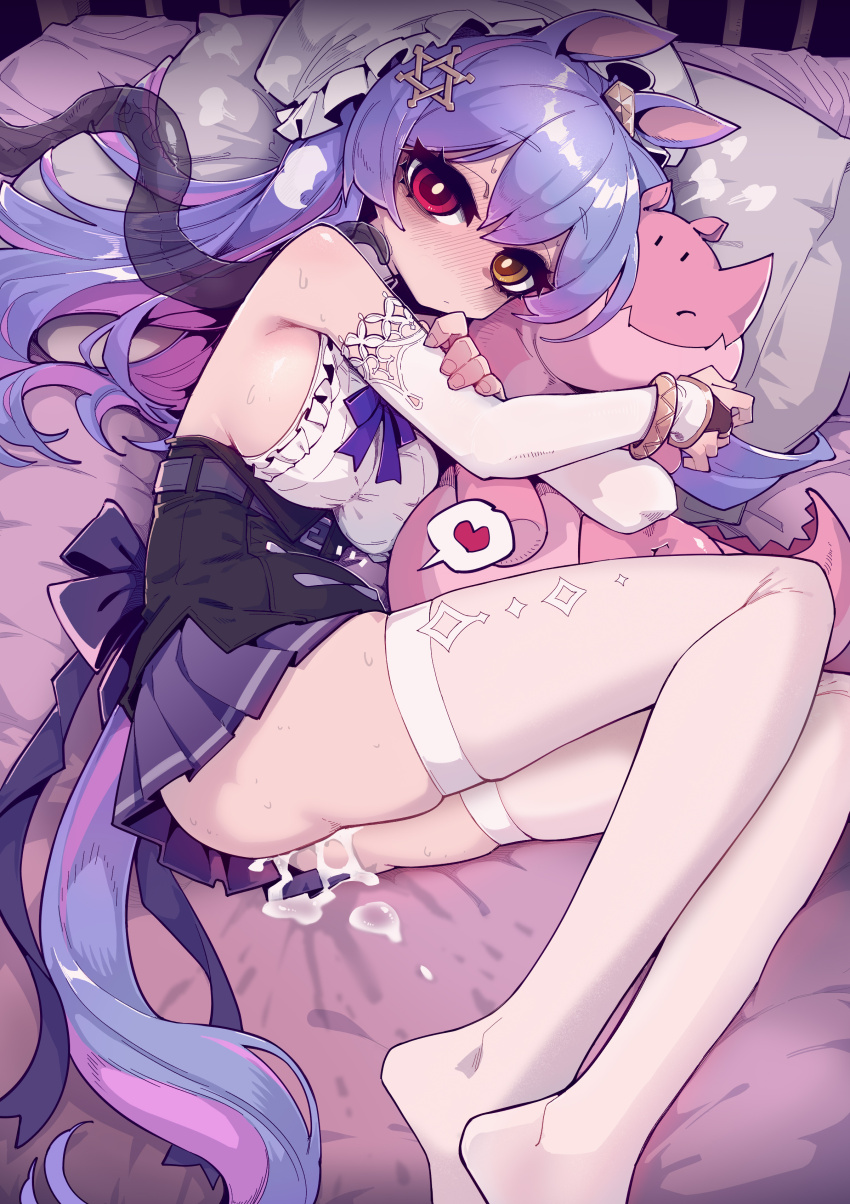 1girl absurdres after_anal after_vaginal animal_ears breasts bridal_gauntlets chinese_commentary closed_mouth commentary_request cum cum_in_ass cum_in_pussy cumdrip elbow_gloves gloves heart heterochromia high-waist_skirt highres horse_ears horse_girl horse_tail hugging_object imazawa large_breasts large_variant_set long_hair looking_at_viewer lying miniskirt multicolored_hair no_shoes on_side original paid_reward_available pillow pink_hair pleated_skirt purple_hair purple_skirt red_eyes shirt sideboob sideless_shirt skirt solo speech_bubble spoken_heart stuffed_animal stuffed_toy tail tentacles thighhighs two-tone_hair variant_set white_gloves white_shirt white_thighhighs yellow_eyes