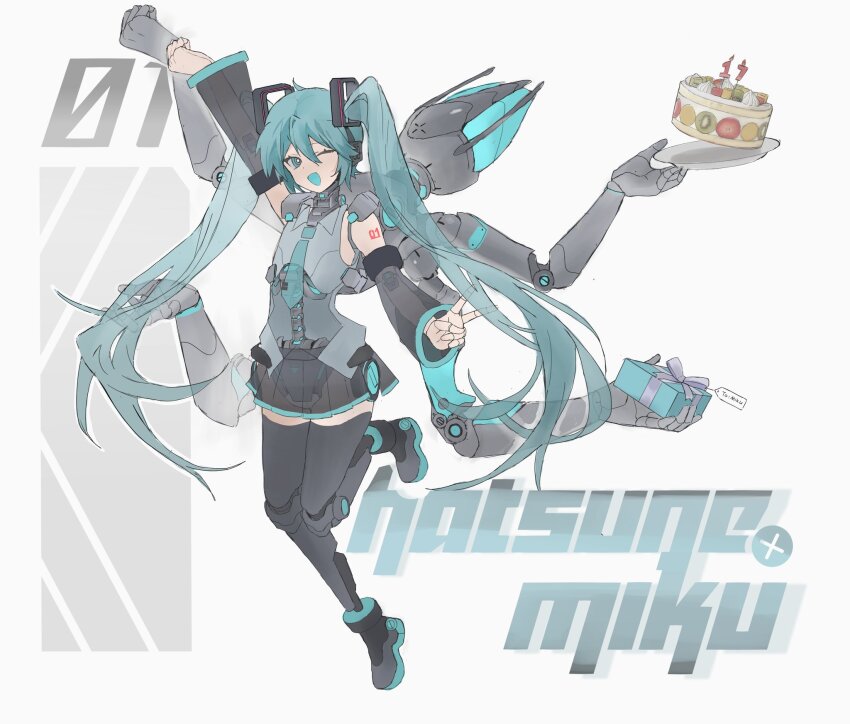 1girl arm_up birthday_cake black_skirt blue_eyes blue_hair blue_necktie blue_tongue bright_pupils cake clenched_hand colored_tongue cyborg detached_sleeves extra_arms food fruitcake gift grey_shirt hatsune_miku highres long_hair mechanical_arms mechanical_spine miniskirt necktie one_eye_closed open_mouth pleated_skirt ringed_eyes robot_girl see-through_body see-through_clothes see-through_skirt sfsaltfish shirt simple_background skirt solo thighhighs twintails very_long_hair vocaloid white_background white_pupils