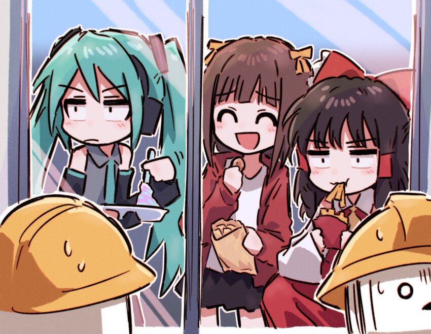 3girls ^_^ alternate_eye_color amami_haruka black_eyes black_hair black_skirt black_sleeves blue_hair blue_necktie blush bow brown_hair bullfalk closed_eyes closed_mouth collared_shirt constricted_pupils crossover detached_sleeves eating food food_in_mouth french_fries from_inside frown furrowed_brow gloom_(expression) grey_shirt hair_bow hair_ribbon hair_tubes hakurei_reimu hard_hat hatsune_miku headphones helmet holding holding_food holding_plate idolmaster idolmaster_(classic) jacket long_hair long_sleeves looking_at_another looking_inside medium_hair multiple_crossover multiple_girls necktie nervous_sweating niconico o_o open_clothes open_jacket open_mouth plate red_bow red_jacket red_skirt ribbon shirt skirt sleeveless sleeveless_shirt smile squatting sweat terebi-chan touhou twintails v-shaped_eyebrows vocaloid white_shirt white_sleeves window yellow_ribbon