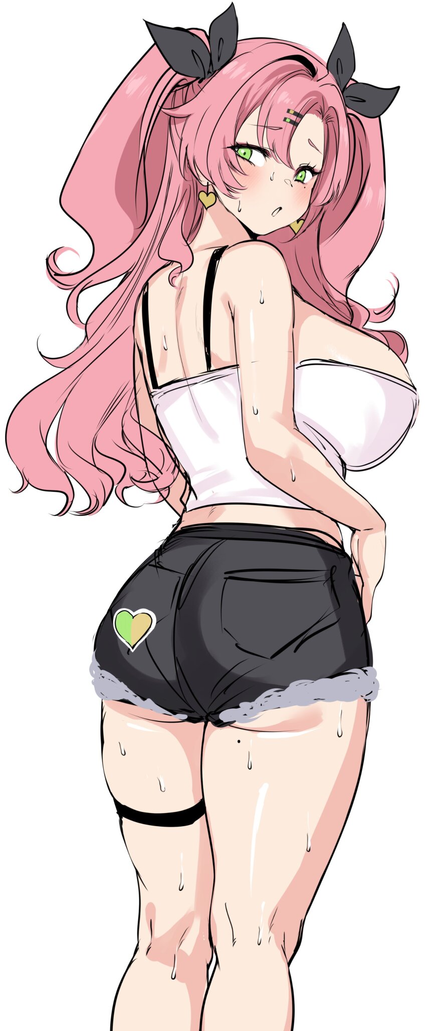 1girl absurdres agetama ass back black_ribbon black_shorts blush breasts camisole earrings green_eyes hair_ornament hair_ribbon hairclip heart heart_earrings highres jewelry large_breasts long_hair looking_at_viewer looking_back nicole_demara pink_hair ribbon short_shorts shorts solo sweat thighs two_side_up white_camisole zenless_zone_zero