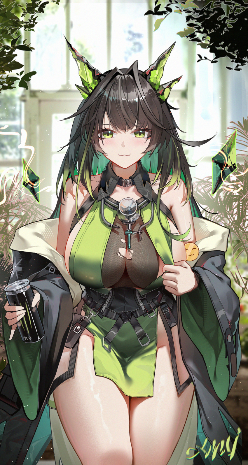 1girl :3 absurdres arknights bare_shoulders black_jacket breasts brown_hair can closed_mouth clothes_down colored_inner_hair colored_tips commentary_request dress drink_can green_dress green_eyes green_hair green_horns groin highres holding holding_can horns huade_xiami indoors jacket large_breasts light_blush long_hair looking_at_viewer mon3tr_(arknights) multicolored_hair pelvic_curtain signature solo streaked_hair variant_set very_long_hair