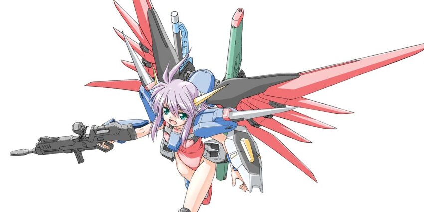 1girl 2000s_(style) beam_cannon beam_rifle blue_eyes breasts destiny_gundam energy_gun finger_on_trigger gun gundam gundam_seed gundam_seed_destiny hair_between_eyes headgear highleg highleg_leotard holding holding_gun holding_weapon humanization leg_up leotard light_purple_hair long_hair mecha_musume mechanical_wings open_mouth red_leotard shinjou_satomi sidelocks simple_background small_breasts solo sword weapon white_background wings