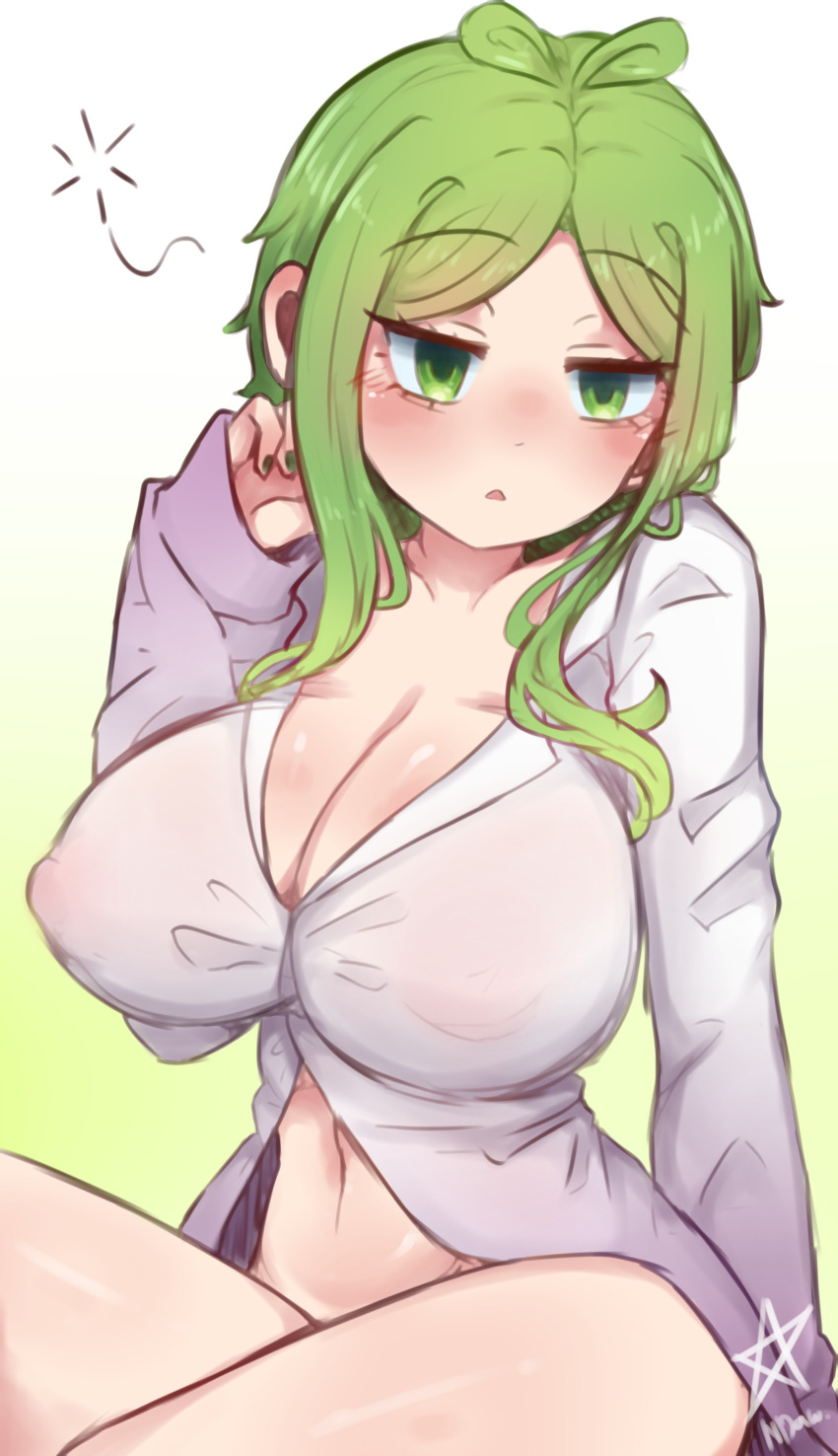 1girl absurdres bottomless breasts cleavage covered_erect_nipples gradient_background green_background green_eyes green_nails hand_in_own_hair highres large_breasts long_hair long_sleeves navel ndawjaidee open_mouth original parted_bangs partially_unbuttoned shirt solo squeans thighs white_background white_shirt