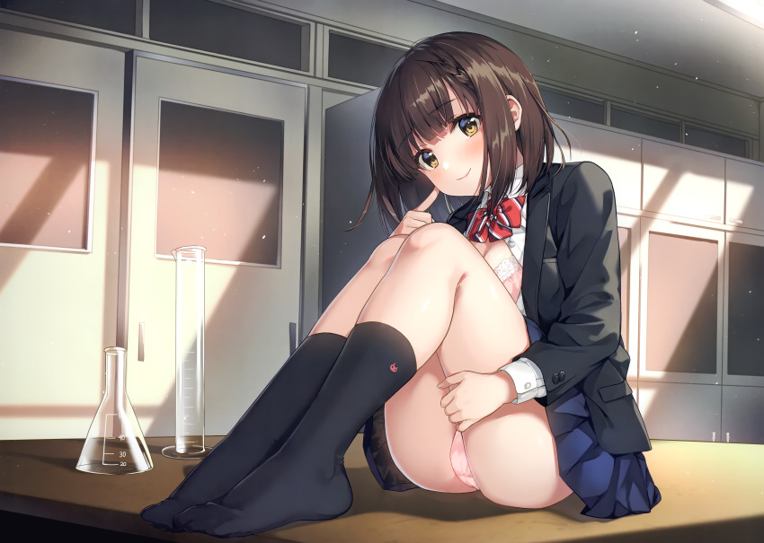 1girl absurdres ass black_jacket black_socks blue_skirt blush bra brown_eyes brown_hair classroom closed_mouth clothes_lift collared_shirt erlenmeyer_flask finger_to_cheek flask measuring_cylinder highres index_finger_raised jacket knees_up lace lace-trimmed_bra lace_trim long_sleeves medium_hair non-web_source on_table open_clothes open_shirt original panties pink_bra pink_panties pleated_skirt school_uniform shirt sitting sitting_on_table skirt skirt_lift smile socks solo sunlight table thighs unasaka_ryou underwear white_shirt