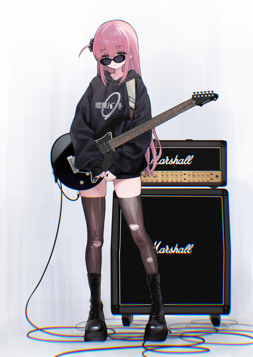 1girl ankle_boots black_hoodie black_thighhighs bocchi_the_rock! boots commentary_request cube_hair_ornament electric_guitar full_body gotoh_hitori guitar hair_ornament highres hood hood_down hoodie instrument long_hair long_sleeves looking_at_viewer marshall_amplification mirei music one_side_up pink_hair playing_instrument puffy_long_sleeves puffy_sleeves simple_background solo standing sunglasses thighhighs thighs torn_clothes torn_thighhighs very_long_hair white_background