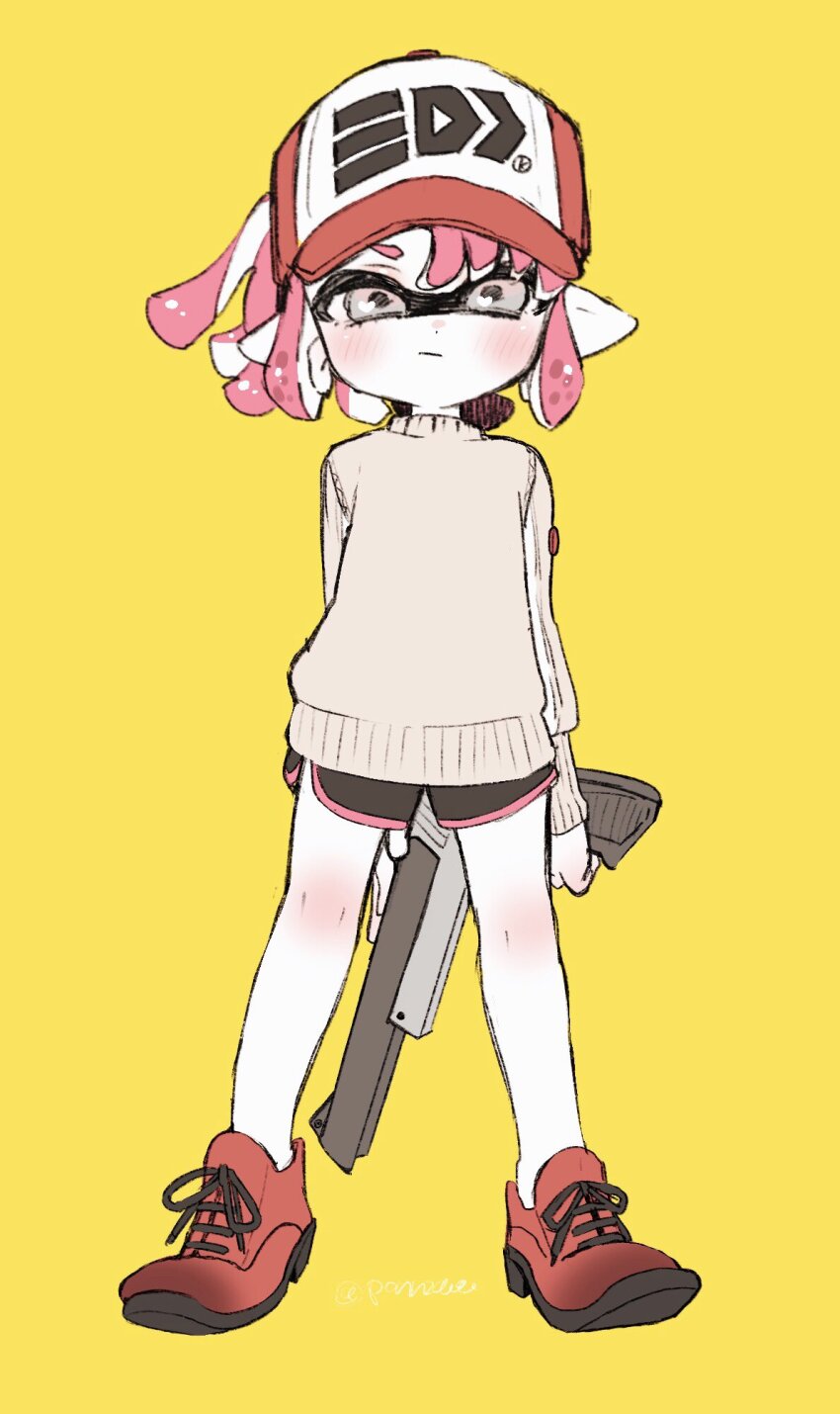 1girl :/ amezawa_koma arms_behind_back baseball_cap black_shorts closed_mouth colored_skin commentary dolphin_shorts dot_nose full_body grey_eyes hat heart heart_in_eye highres holding holding_weapon inkling inkling_girl inkling_player_character long_sleeves n-zap_(splatoon) nintendo pink_hair pointy_ears red_hat red_shoes shoes short_hair shorts sidelocks solo splatoon_(series) standing sweater swept_bangs symbol-only_commentary symbol_in_eye tentacle_hair weapon white_skin yellow_background yellow_sweater