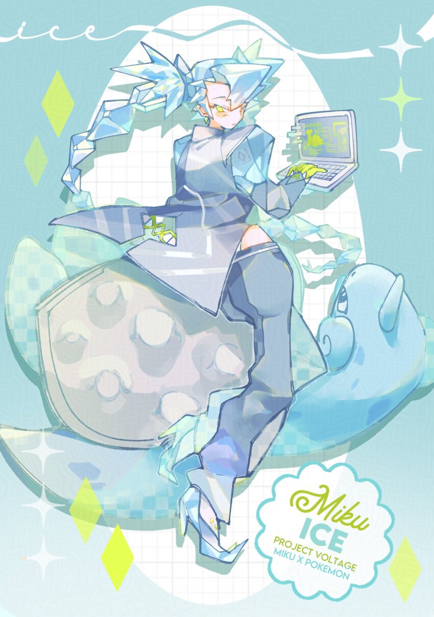 1girl blue_background blue_footwear blue_hair blue_jacket blue_pants computer crystal_hair earrings full_body gen_1_pokemon gloves green_eyes green_gloves hashtag-only_commentary hatsune_miku highres ice_miku_(project_voltage) jacket jewelry lapras laptop long_hair looking_at_viewer looking_back myun_(myun_art) nintendo pants pokemon pokemon_(creature) project_voltage simple_background sitting spiked_hair twintails vocaloid