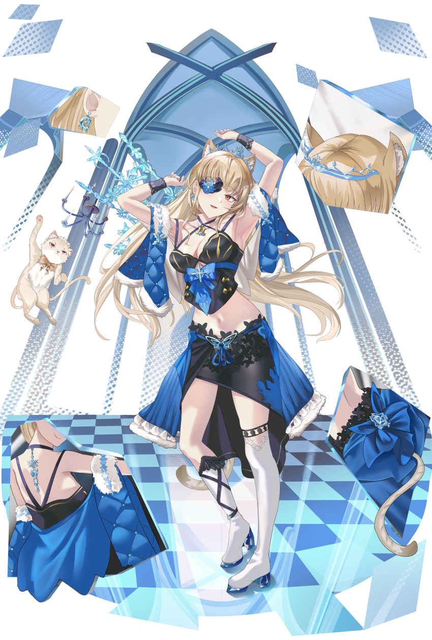 1girl absurdres animal_ears armpits arms_up asymmetrical_footwear bare_shoulders black_shirt black_skirt blonde_hair boots cat_ears cat_fantasy clothing_cutout crop_top eyepatch full_body highres knee_boots long_hair looking_at_viewer midriff mosta_(lo1777789) navel open_mouth red_eyes sash shirt skirt sleeveless sleeveless_shirt smile solo standing stomach sylviette_(cat_fantasy) thigh_boots thighhighs underboob_cutout white_thighhighs