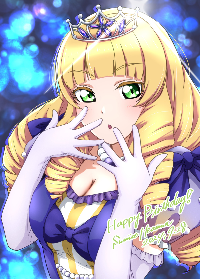 1girl absurdres blonde_hair breasts cleavage dated elbow_gloves gloves green_eyes happy_birthday heanna_sumire highres love_live! love_live!_superstar!! noochan_chonoda puffy_short_sleeves puffy_sleeves short_sleeves solo swimsuit