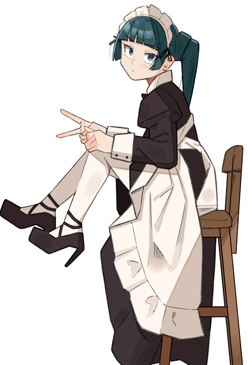 1girl absurdres alternate_costume apron black_dress black_ribbon black_shoes blue_eyes blunt_bangs chair closed_mouth dress enmaided freckles from_side green_hair hair_ribbon high_heels highres kusuriya_no_hitorigoto long_hair long_sleeves looking_at_viewer maid maid_headdress maomao_(kusuriya_no_hitorigoto) panties ponytail puffy_sleeves ribbon sattinittas shoes simple_background sitting solo underwear v white_apron white_background white_panties
