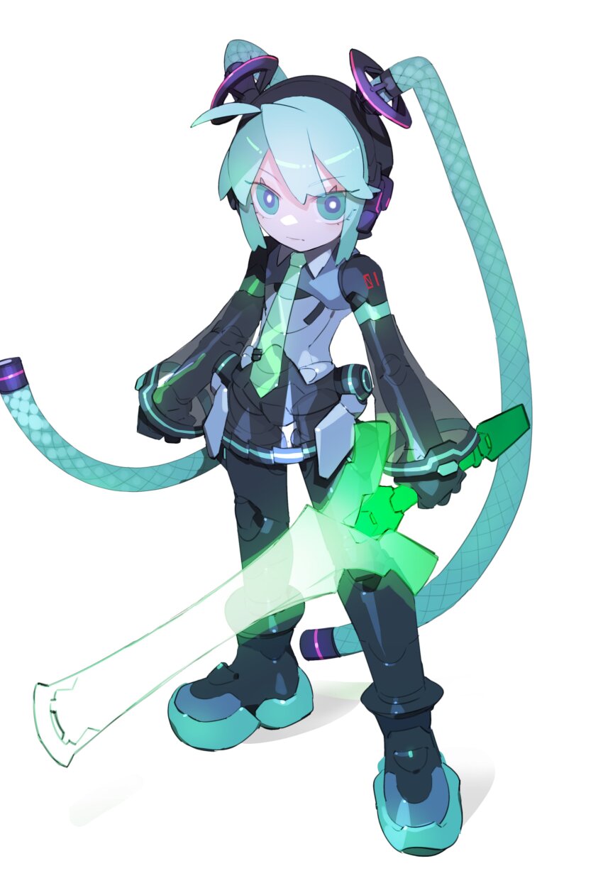 1girl absurdly_long_hair absurdres android aqua_eyes aqua_hair aqua_necktie bare_shoulders cable_hair cheri_zao cyber_fashion derivative_work energy_sword full_body glowing glowing_eyes grey_shirt hatsune_miku highres holding holding_sword holding_weapon long_hair looking_at_viewer mega_man_(series) mega_man_zero_(series) mega_man_zero_1 mega_man_zero_3 necktie number_tattoo parody proto_miku_(cheri_zao) see-through_clothes see-through_skirt see-through_sleeves shirt shoulder_tattoo simple_background skirt solo spring_onion sword tattoo twintails very_long_hair vocaloid weapon white_background z_saber