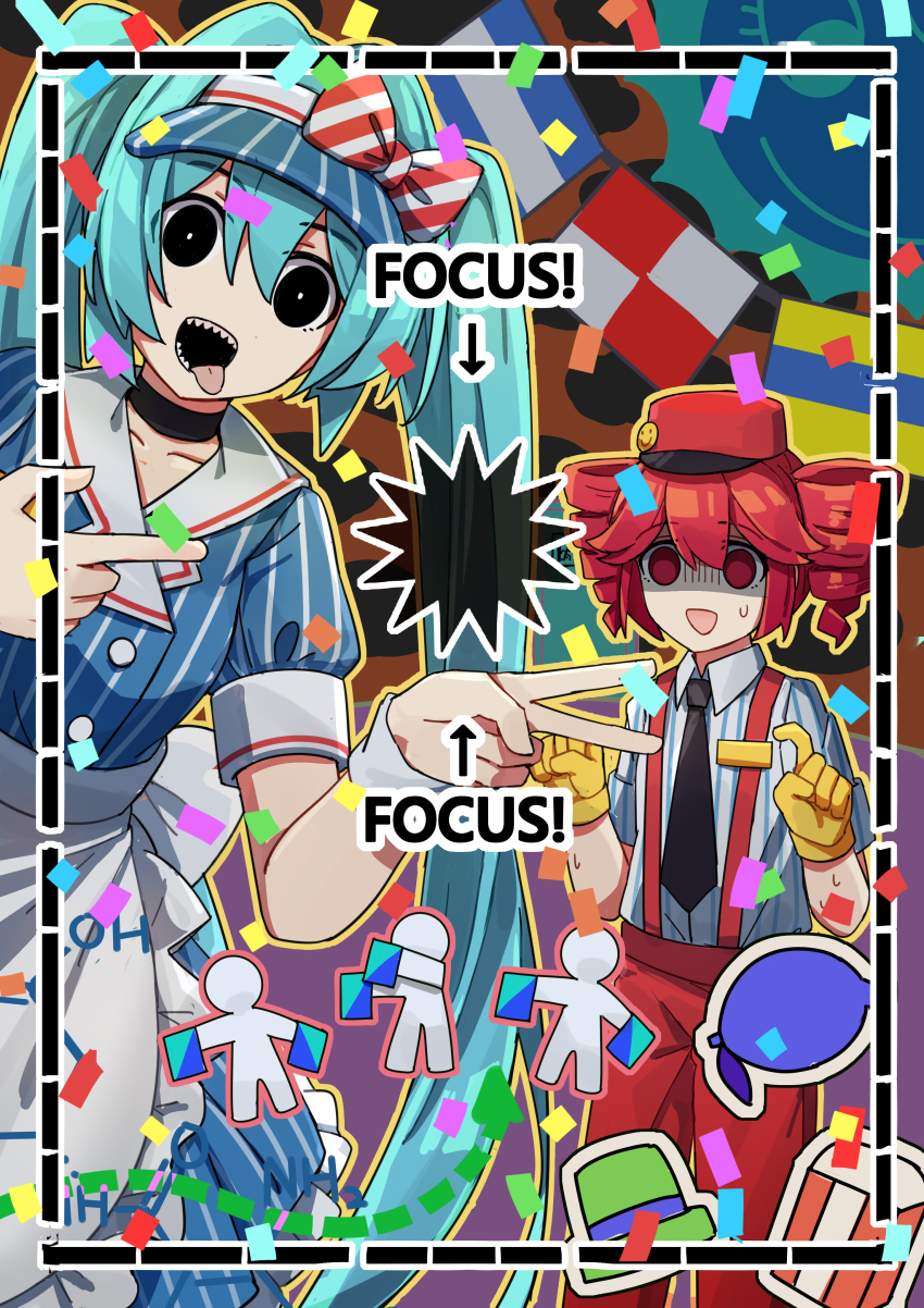 2girls absurdres apron black_choker black_eyes blue_dress blue_hat blush bright_pupils buttons chemical_structure choker collarbone confetti crazy distress_hand_signal double-breasted dress drill_hair empty_eyes exit_sign frontiersun gloves hand_up hat hatsune_miku highres kasane_teto looking_at_viewer mesmerizer_(vocaloid) multiple_girls negative open_mouth pants pink_eyes pink_hair pinstripe_dress pinstripe_hat pinstripe_pattern puffy_short_sleeves puffy_sleeves red_hat red_pants scared semaphore_flags sharp_teeth short_sleeves signal_flag smile sos sun_(the_amazing_digital_circus) suspenders sweat teeth the_amazing_digital_circus tongue tongue_out tridecagram twin_drills utau v visor_cap vocaloid waist_apron white_apron white_pupils wing_collar wrist_cuffs yellow_gloves