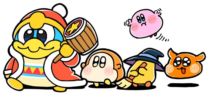 bkub black_eyes blue_eyes blue_hat blush blush_stickers broom broom_hatter closed_mouth frown fur_trim hammer hat holding holding_broom holding_hammer holding_weapon king_dedede kirby kirby_(series) nintendo no_humans open_mouth red_hat red_robe robe scarfy simple_background smile star_(symbol) waddle_dee weapon white_background witch_hat yellow_eyes