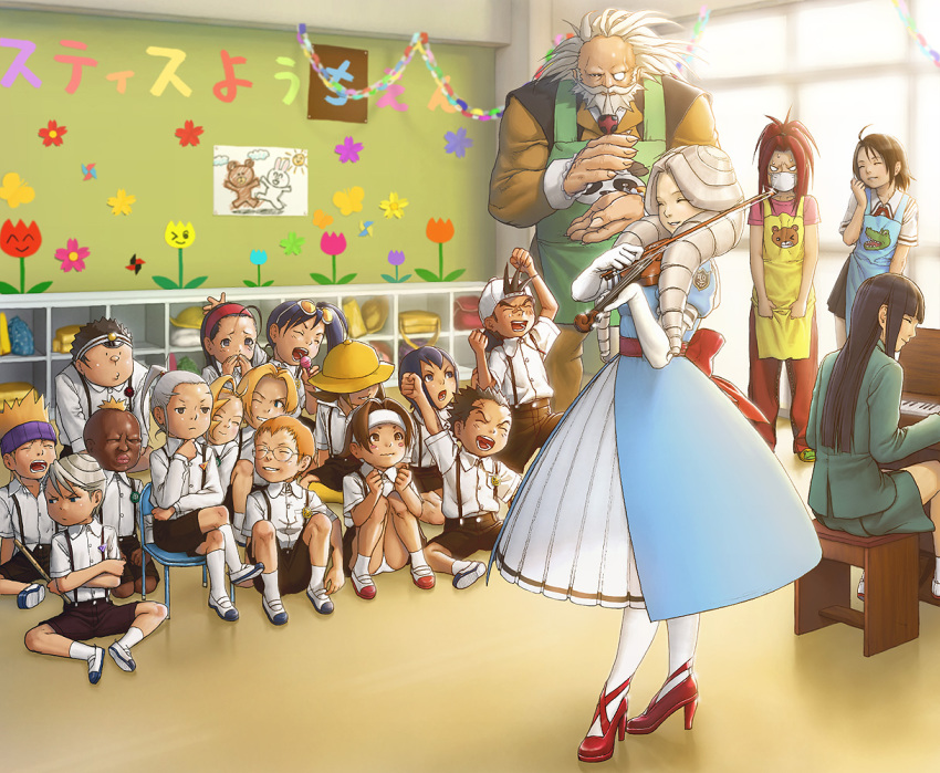 6+boys 6+girls age_regression aged_down ahoge antenna_hair apron aqua_dress asymmetrical_hair ayuhara_natsu backwards_hat baseball_cap beard blush_stickers boman_delgado brother_and_sister brothers brown_hair child child&#039;s_drawing classroom closed_eyes cross-laced_footwear crossed_legs dress drill_hair elbow_gloves embarrassed facial_hair glasses gloves grey_hair hairband hat headband helmet hibiki_ran high_heels hime_cut himezaki_aoi honyata ichimonji_batsu iinchou_(justice_gakuen) imawano_hyou imawano_raizou instrument isurugi_gan justice_gakuen kagami_kyousuke kazama_akira kindergarten kindergarten_teacher kindergarten_uniform kirishima_kurou kirishima_yurika kujou_sizune long_hair moero!_justice_gakuen mohawk monocle multiple_boys multiple_girls music o3o panties pantyhose pantyshot piano playing_instrument red_hair roberto_miura roy_bromwell safari_hat sawamura_shouma scar school school_hat shoes siblings side_ponytail sitting slice_of_life smile spiked_hair sunglasses sweat tiffany_lords time_paradox translated twin_drills twintails underwear upskirt uwabaki violin wakaba_hinata watson_cross white_eyes white_legwear yamada_eiji