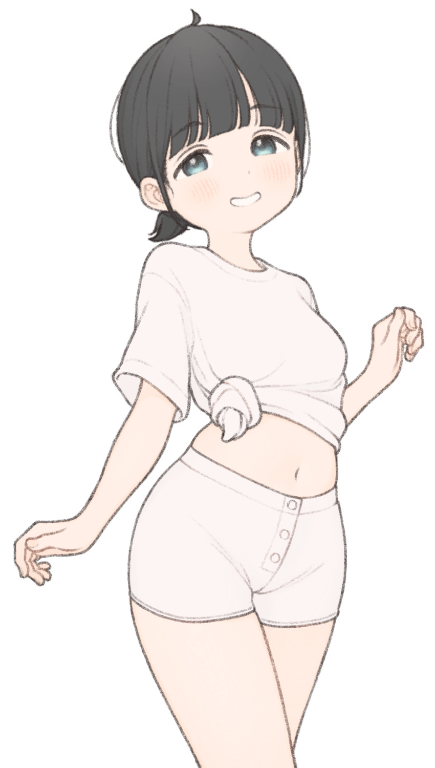 1girl 1ssakawaguchi absurdres ahoge black_hair blue_eyes breasts cowboy_shot dolphin_shorts drawstring grin highres ichika_(1ssakawaguchi) legs_together light_blush looking_at_viewer low_ponytail midriff navel original pear_shaped_figure petite ponytail shirt short_hair short_ponytail short_shorts short_sleeves shorts simple_background small_breasts smile solo standing t-shirt tied_shirt white_background white_shirt white_shorts