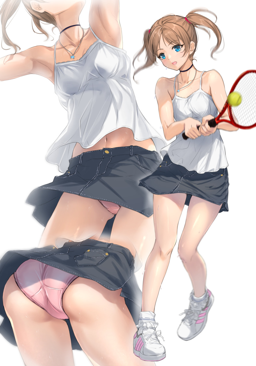 1girl ball black_choker blue_eyes blush breasts brown_hair buttons camisole choker collarbone denim denim_skirt follen_(639594) full_body highres holding_tennis_racket jewelry medium_hair midriff_peek miniskirt multiple_views navel necklace open_mouth original panties pantyshot pink_panties shoes skirt small_breasts smile sneakers socks solo sweat tennis tennis_ball twintails underwear white_camisole white_socks wind wind_lift