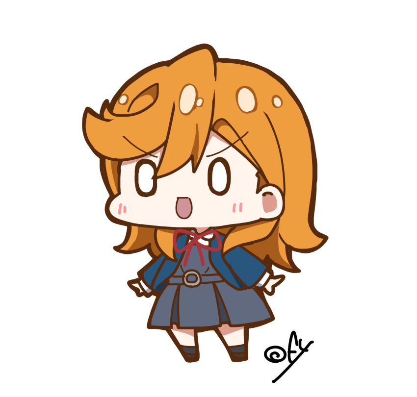 0_0 1girl :d ankle_socks arms_at_sides black_socks blazer blue_jacket blush center-flap_bangs chibi chibi_only collared_shirt dress grey_dress hair_between_eyes highres jacket long_hair looking_at_viewer love_live! love_live!_superstar!! neck_ribbon oofushi_ao open_clothes open_jacket open_mouth orange_hair outstretched_hand pinafore_dress red_ribbon ribbon school_uniform shibuya_kanon shirt signature sleeveless sleeveless_dress smile socks solo string_tie v-shaped_eyebrows winter_uniform yuigaoka_school_uniform