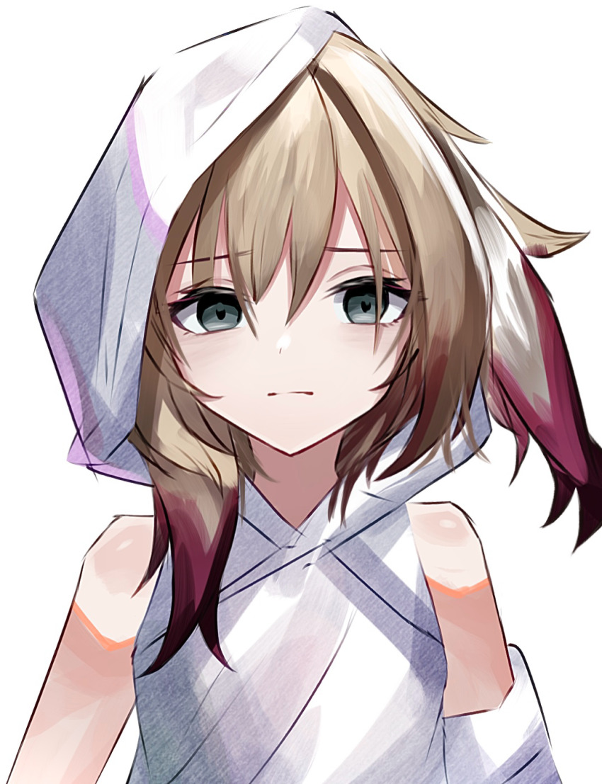 arknights bare_shoulders brown_hair closed_mouth commentary_request dress green_eyes hair_between_eyes hierda_(arknights) highres hood hood_up hooded_dress looking_at_viewer medium_hair multicolored_hair off_shoulder partial_commentary purple_hair simple_background streaked_hair upper_body white_background white_dress worried yoi_(a27963244)