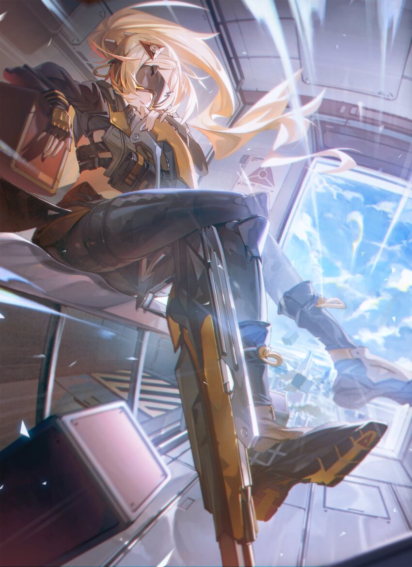 1girl absurdres black_blindfold black_boots black_gloves black_pants blindfold blonde_hair blue_sky boots cloud covered_eyes crossed_legs fingerless_gloves floating_hair gloves gun highres hxxg long_hair pants parted_bangs parted_lips ponytail rifle sitting sky smile sniper_rifle solo tight_clothes tight_pants trigger_(zenless_zone_zero) weapon wind zenless_zone_zero