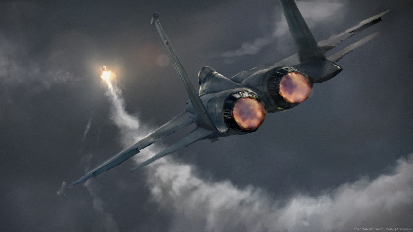 ace_combat ace_combat_7 aircraft airplane artist_name commentary dangodes english_commentary f-15 f-15_eagle fighter_jet flying from_behind grey_sky highres military_vehicle missile no_humans outdoors sky thrusters vehicle_focus vehicle_request