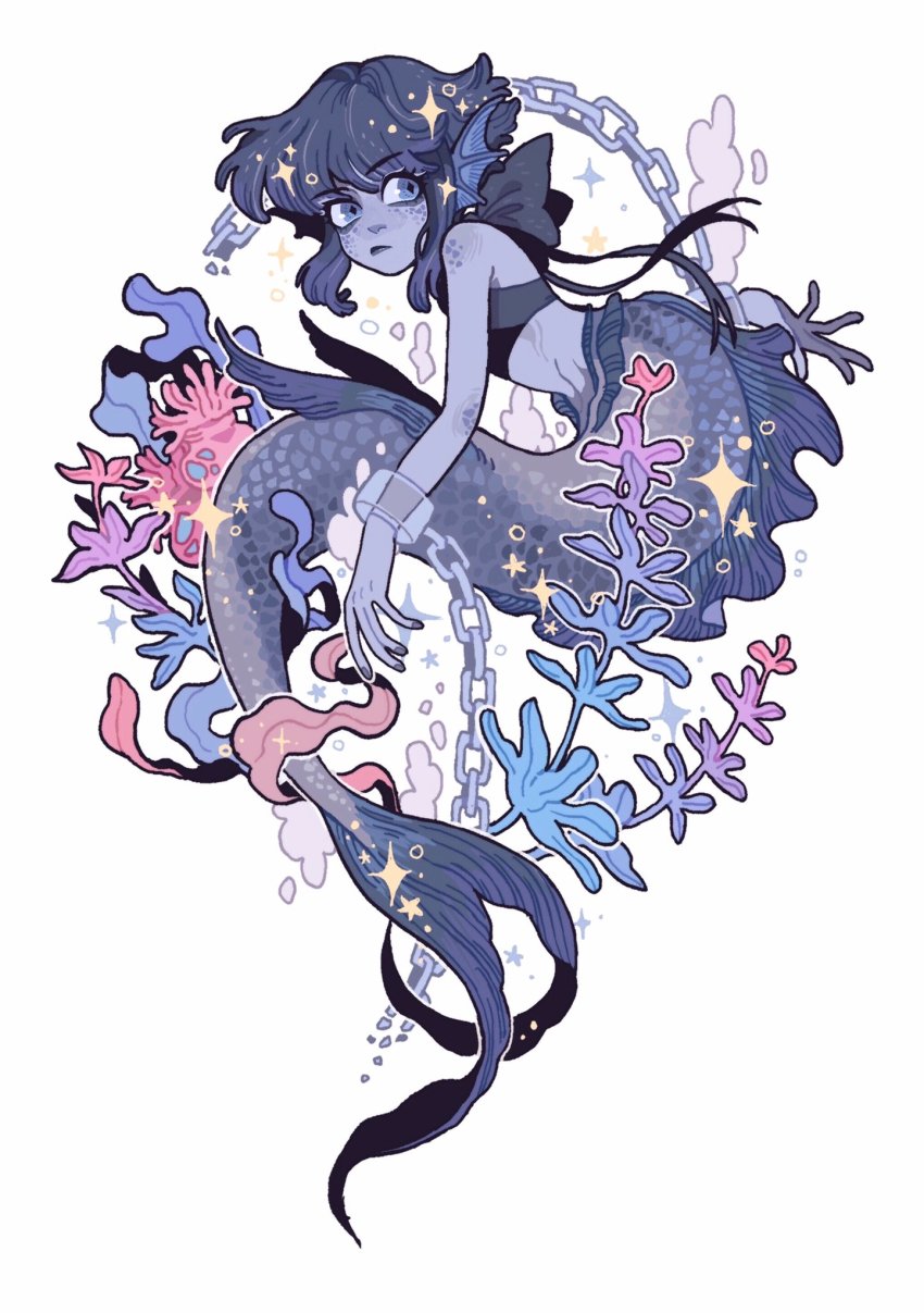1girl blue_bow blue_eyes blue_hair blue_nails blue_scales blue_skin bow chain chinese_commentary closed_mouth colored_skin cuffs fins floating full_body head_fins highres juanmao kelp looking_at_viewer medium_hair mermaid monster_girl nail_polish original scales seaweed sidelocks simple_background sleeveless solo sparkle white_background