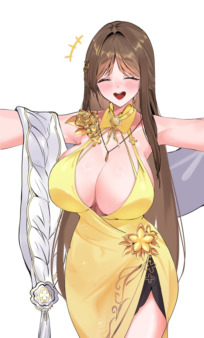 absurdres black_survival breasts brown_hair closed_eyes collar dress eternal_return:_black_survival evening evening_gown flower flower_ornament gold_flower gweon_sua highres large_breasts outstretched_arms simple_background uwa81087288 white_background yellow_collar yellow_dress yellow_flower