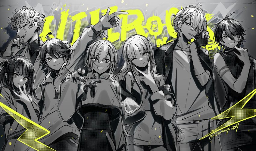 1other 2girls 4boys ;q arm_up bare_shoulders biting biting_glove breasts character_request check_character closed_mouth drawstring facial_mark gloves hair_bobbles hair_ornament hand_up highres hood hood_down hoodie index_finger_raised jacket joe_rikiichi lightning_bolt_symbol medium_breasts multiple_boys multiple_girls nijisanji ninahachi off_shoulder one_eye_closed one_side_up open_clothes open_jacket outstretched_arm pants puffy_short_sleeves puffy_sleeves ryuushen saegusa_akina sailor_collar school_uniform serafuku shirt short_sleeves sister_claire skirt smile tongue tongue_out twitter_username v v_over_mouth virtual_youtuber yumeoi_kakeru