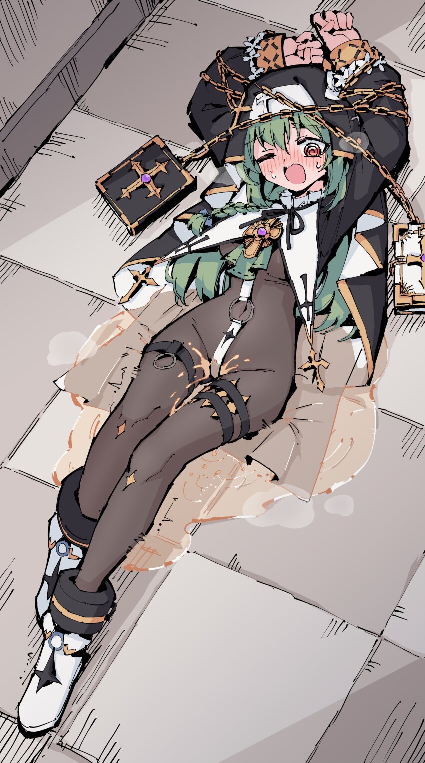 1girl @_@ absurdres ankle_boots arms_up blush bodystocking book boots borrowed_character bound bound_arms braid chain cross cuffs from_above full_body green_hair hair_between_eyes highres huanxiang_koudai_meow indie_virtual_youtuber long_hair long_sleeves lying navel nose_blush nun o-ring on_back on_floor one_eye_closed open_mouth original pee peeing peeing_self puddle red_eyes restrained rune_(dualhart) second-party_source shackles solo sweat thigh_strap tile_floor tiles virtual_youtuber white_boots