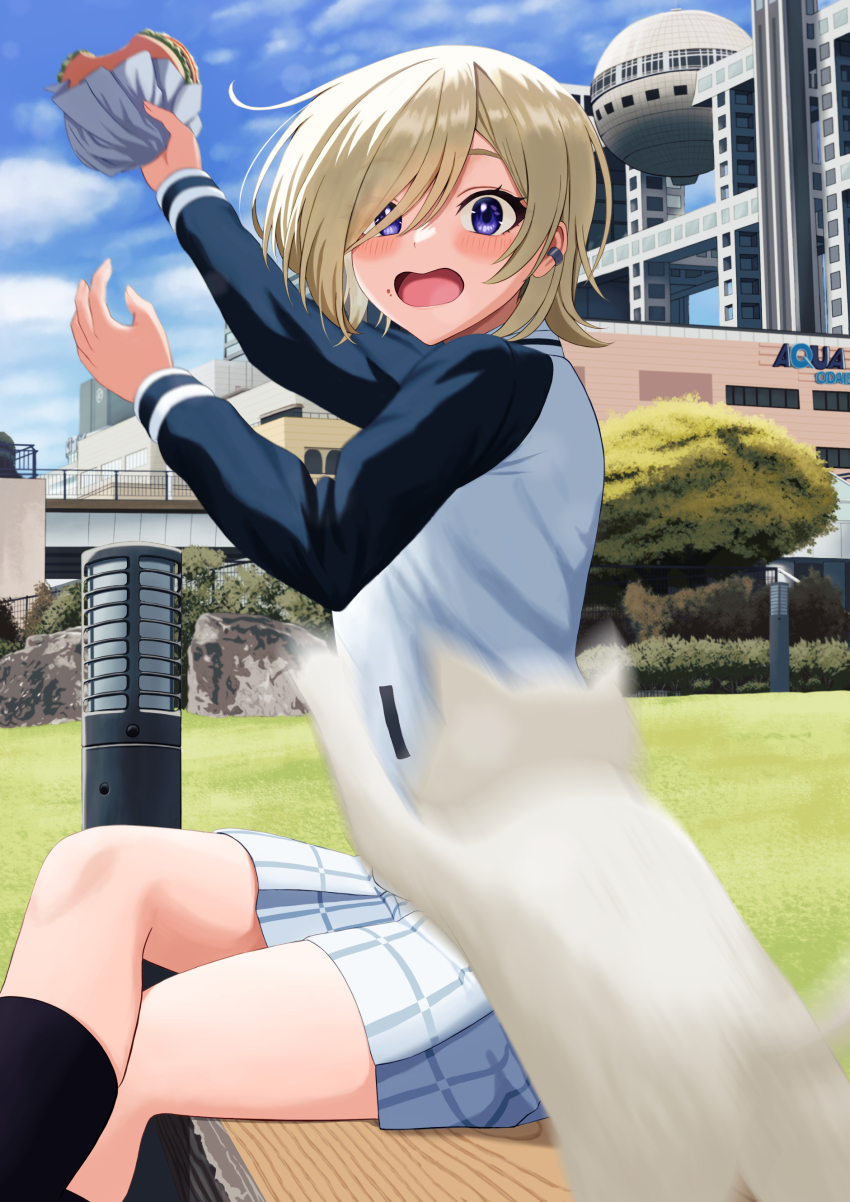 1girl absurdres bite_mark black_socks blonde_hair blush burger cat ear_piercing food food_on_face hair_over_one_eye hanpen_(love_live!) highres holding holding_burger holding_food jacket kneehighs long_sleeves love_live! love_live!_nijigasaki_high_school_idol_club mia_taylor miniskirt motion_blur nijigasaki_school_uniform open_mouth outdoors piercing plaid_clothes plaid_skirt pleated_skirt purple_eyes school_uniform short_hair sidelocks sitting skirt socks solo upper_body wachida_01d white_cat white_jacket white_skirt winter_uniform