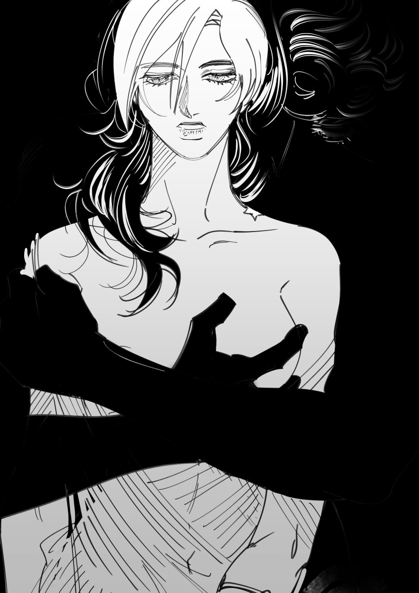 1girl 1other absurdres arm_tattoo birthmark blending danggo99 grabbing_another&#039;s_breast grabbing_from_behind groping hair_down half-closed_eyes hatching_(texture) highres joestar_birthmark jojo_no_kimyou_na_bouken kuujou_jolyne multicolored_hair navel nude stone_ocean tattoo two-tone_hair