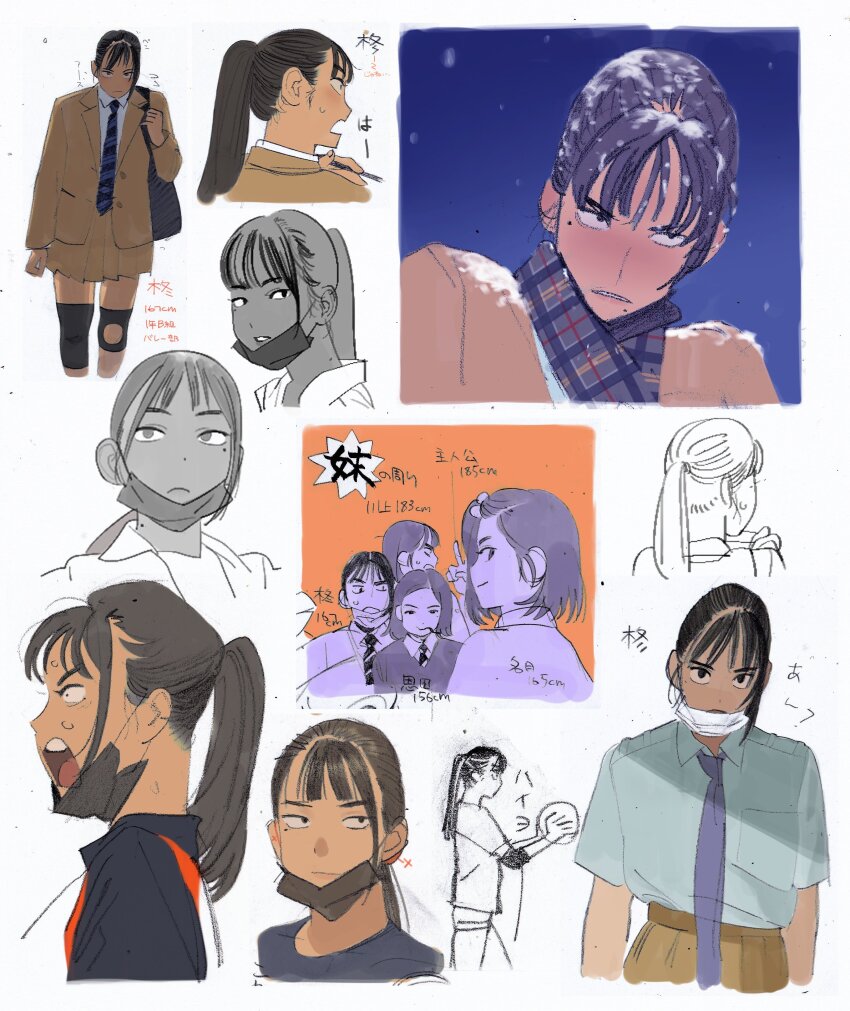 absurdres black_hair blush dark_skin highres long_hair multiple_girls noobboy_02 original ponytail sanpaku school_uniform
