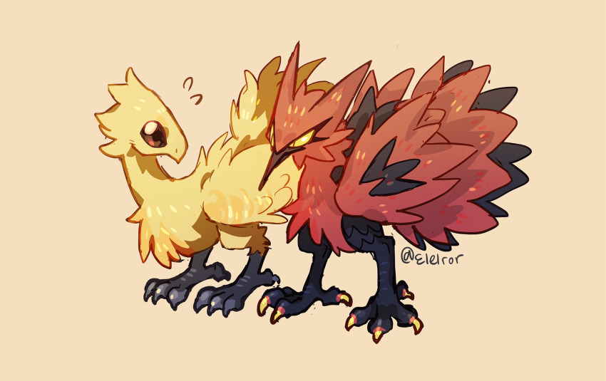 animal_focus artist_name bird brown_eyes chocobo closed_mouth colored_lineart colored_sclera commentary cream_background crossover elelror english_commentary final_fantasy flying_sweatdrops full_body galarian_form galarian_zapdos gen_8_pokemon highres legendary_pokemon looking_at_another mount nintendo no_humans pokemon pokemon_(creature) simple_background slit_pupils standing twitter_username yellow_sclera