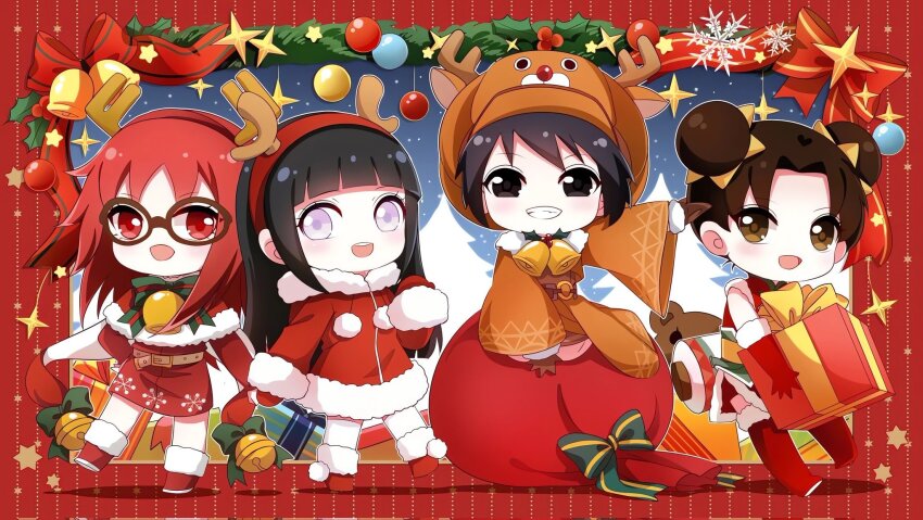 alternate_costume animal_costume antlers bag bell black_hair box brown_hair chibi christmas cloak double_bun gift gift_box glasses hair_bun hair_ornament highres hood hooded_cloak horns hyuuga_hinata karin_(naruto) long_glove mittens naruto_(series) naruto_shippuuden official_art red_eyes red_hair red_shoes reindeer_antlers reindeer_costume scroll shizune_(naruto) shoes sleeves_past_wrists smile snowflakes star_(symbol) star_hair_ornament tenten_(naruto)